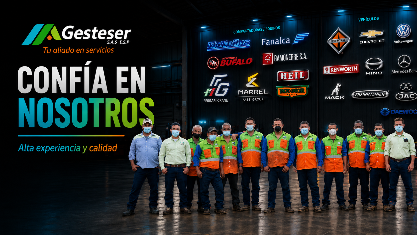 Equipo GESTESER en taller premium con marcas de compactadoras y vehiculos atendidos